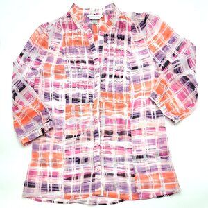 Christopher & Banks Pink Purple White Pintuck Pleat Button front Blouse Sz M